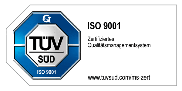 Eine TÜV SÜD ISO 9001 Zertifizierungsplakette auf der linken Seite und deutscher Text auf der rechten Seite mit der Aufschrift "ISO 9001 Zertifiziertes Qualitätsmanagementsystem www.tuvsud.com/ms-zert." auf weißem Hintergrund.