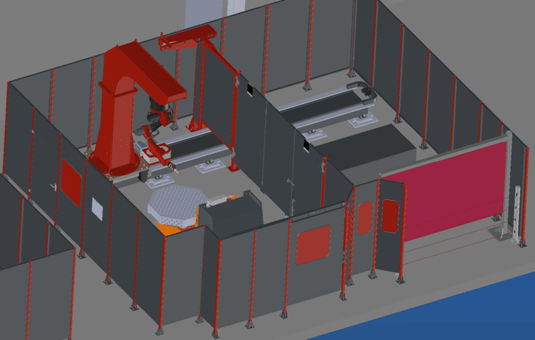 3D Darstellung einer neuen Roboteranlage in der Schweißerei